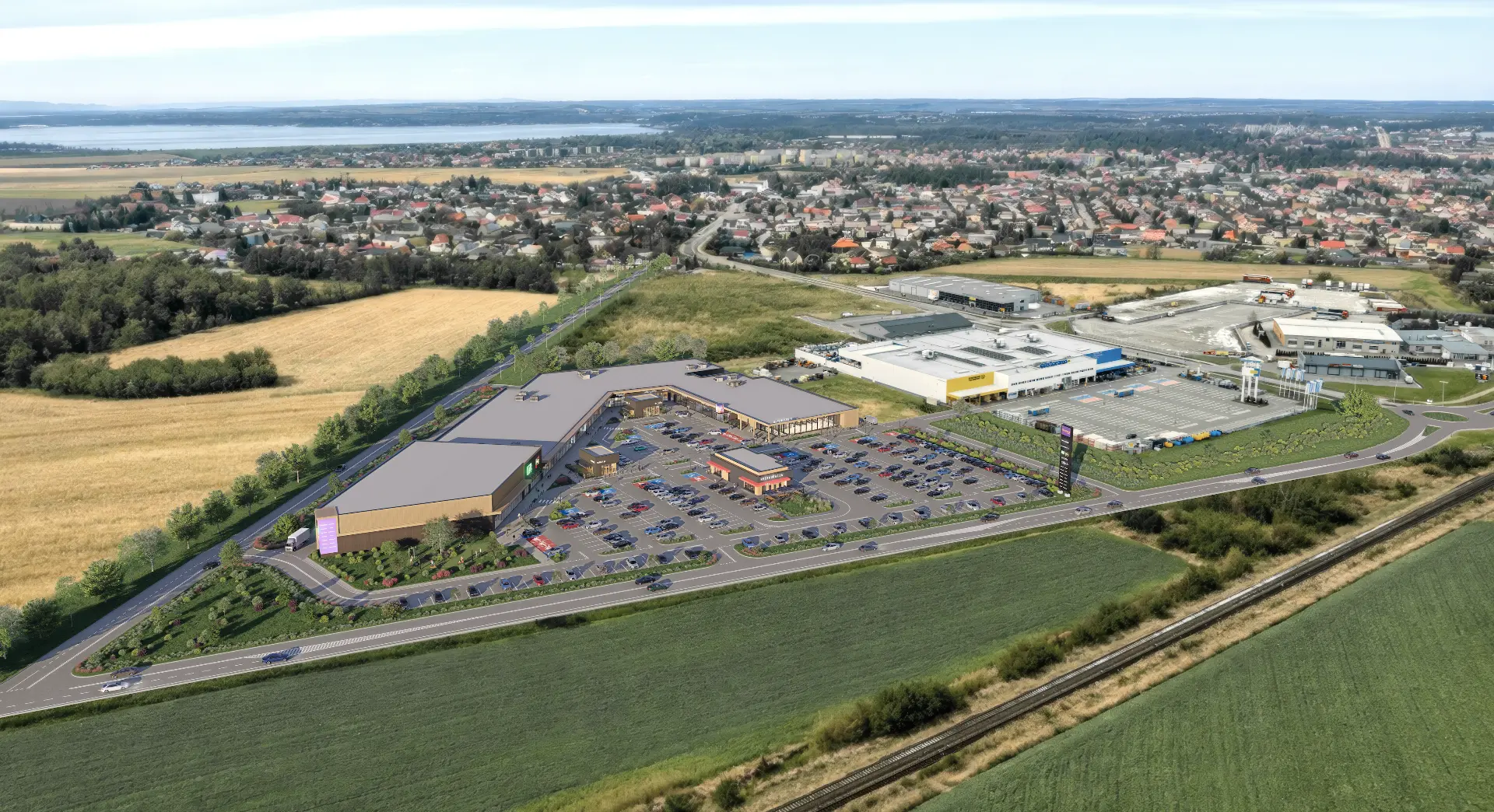 Wizualizacja parku handlowego SHOPLAND Nysa z lotu ptaka